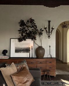 a living room filled with furniture and a potted plant on top of a table