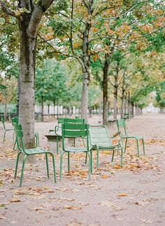 many green chairs and tables in the middle of a tree lined park with leaves on the ground