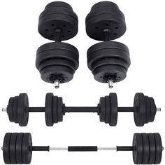 the complete set of dumbbells and barbells is ready to be used