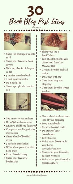 the 30 book blog post ideas list is shown with text overlays and photos