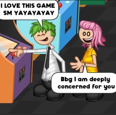 a cartoon character is talking to another person in front of a computer screen with the words i love this game sm yayayayayayayayayaay