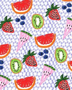 an image of watermelon, kiwi and blueberries on polka dot background