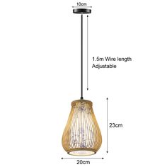 an image of a hanging light fixture with measurements for the size and width, as well as