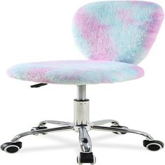 an office chair with a colorful fuzzy seat cover on it's back and wheels