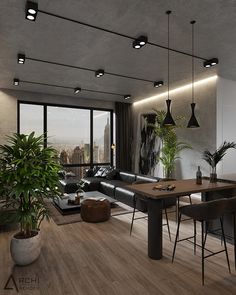 a living room filled with furniture next to a large window covered in plants and potted plants