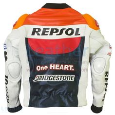 Avail this repsol racing jacket designed from the suit worn by Dani Pedrosa for Honda Repsol One Heart 2011 in all the sizes of USA and UK standards. Available at a special discount for a limited time. Produced using the best techniques and consisting of world-class material. Bike Jacket, Racing Jacket, Embroidered Heart, Leather Blazer, Jacket Design, Motorcycle Jacket, Street Wear, Bike, Blazer