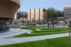 a grassy area in front of some tall buildings with grass growing on the ground and around it