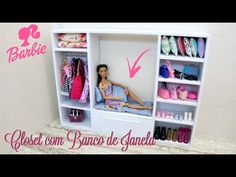 a barbie doll sitting in a closet filled with shoes and other items on shelves next to a wall