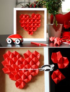 two pictures with red origami hearts on them and one has a car in the shape of a heart