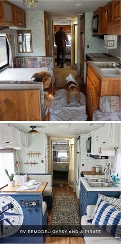 the inside of a mobile home with kitchen and living room in one photo, dining area on the other