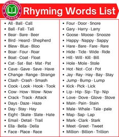 the rhyming words list is shown in red and white