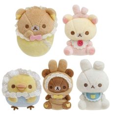 four different stuffed animals are shown in this set, including one bunny, the other bear