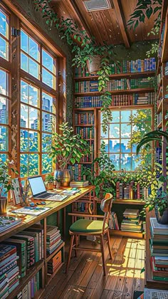 a room filled with lots of books and plants next to a window covered in sunlight