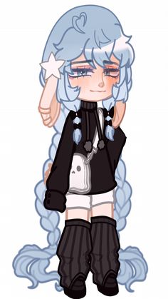 an anime character with blue hair and black clothes