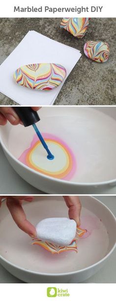 the process for painting marbles is shown in three different pictures, including one being melted and