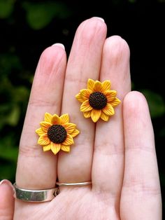 two yellow sunflowers sitting on top of a person's hand