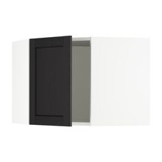 a white and black cabinet with two doors on each side, one door open to reveal the other