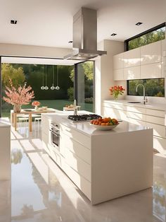 a modern kitchen with white cabinets and an island in front of a window that looks out onto the backyard