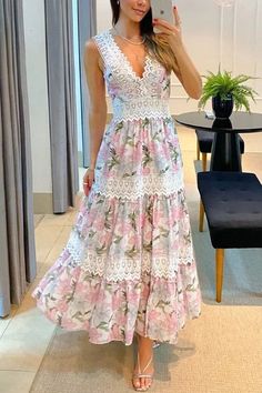 Bohemian Dresses Long, Dress Women Elegant, Pink Midi Dress, Hip Dress, Women Long Dresses, Midi Dress Sleeveless, Bohemian Dress, Floral Midi Dress, Tiered Dress