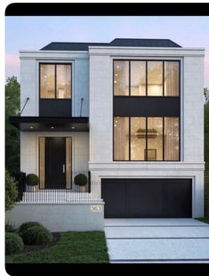 this is an artist's rendering of a two - story house with black and white accents