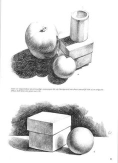 two drawings of apples and cubes in pencil