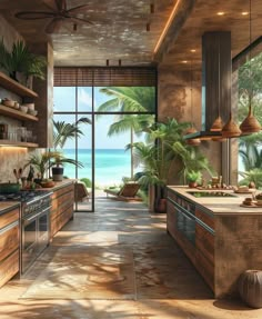 an artist's rendering of a tropical kitchen and living room with ocean view in the background