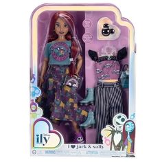 the doll is wearing a purple outfit and has a purse in her hand while she stands next to another doll