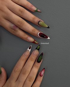 💚♥️🖤🤍 📍We’re located in Bloor West Village near Jane and Runnymede station 🚉 . . #GENTEELnailsalon #downtowntoronto #higparknails #Torontonailsalon #frenchtip #nails #halloweennails #nailart #nailsonfleek #gel #nailsr2inspire #birthdaynails #acrylicnails #freehandnailart #characterart #butterflynail #y2k #crystalnail #summernail #diamondnail #valentinenails #cateyenails #3dgel #chromenail Mix N Match Nails, Before And After Nails, Nails French Color, Color French Nails, Eccentric Nails, Almond Aesthetic, Funky French Tip Nails, Nyc Nails, Hard Nails