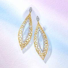 Ross-Simons - .50 ct. t. w. Diamond Teardrop Earrings in 14kt Two-Tone Gold. Wear this beautiful pair to elevate any formal outfit! The elongated 14kt yellow gold teardrops showcase elegant open-space scrollwork illuminated by .50 ct. t. w. round brilliant-cut diamonds set in 14kt white gold. Hanging length is 2 1/8". Post/clutch, diamond teardrop earrings. Diamond birthstones are the perfect gift for April birthdays. Elegant Teardrop Diamond Earrings Fine Jewelry, Teardrop Diamond Earrings With Elegant Design, Elegant Yellow Gold Drop Diamond Earrings, Elegant White Gold Teardrop Earrings With Diamond Accents, Teardrop Diamond Earrings For Anniversary With Elegant Design, Elegant Yellow Gold Teardrop Diamond Earrings, Formal Gold Diamond Teardrop Earrings, Elegant Gold Teardrop Diamond Earrings, Marquise Yellow Gold Earrings