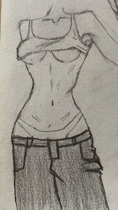 a pencil drawing of a woman's torso in shorts and tank top with her hand on her hip