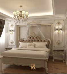 a bedroom with a bed, chandelier and curtains