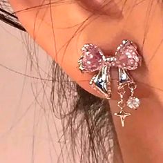 Small Silver Earrings It Has A Pink Bow Pink Silver Earrings, 21st Bday Accessories, Pink Bow Earrings, Valentine's Day Crystal Earrings For Pierced Ears, Feminine Earrings For Valentine's Day Party, Wardrobe Renovation, Pink Clay Earrings, Coquette Earrings, Earrings Piercings