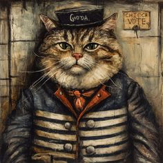 a painting of a cat wearing a hat and jacket