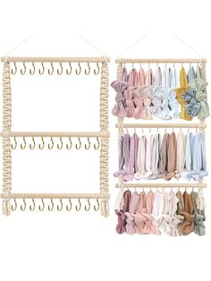 two racks with ties hanging from them and one rack holding several pairs of scarves