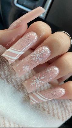 Christmas Nails Easy, Snowflake Nails, Long Square Acrylic Nails, White Nail, Pink Acrylic Nails