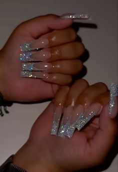 LA nail express Bling Tip Acrylic Nails, Medium Glitter Nails, Extra Blinged Out Nails, Simple Boujee Nails, 23rd Birthday Nails Acrylic, Birthday Nails Coffin Scorpio, Birthday Nails Scorpio Long, Silver Sparkles Nails, Extra Sparkly Nails