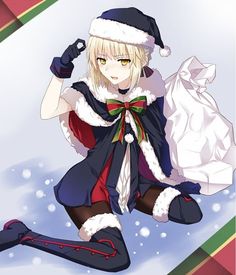 an anime character dressed as santa clause holding a paper bag and posing for the camera