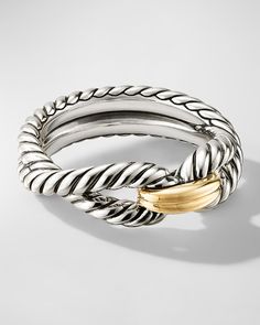 David Yurman ring    Approx. 8mm    Sterling silver    18karat yellow gold    Made in USA Chunky Silver Bracelet, Yurman Ring, David Yurman Ring, David Yurman Jewelry, Jewelry Lookbook, Steel Ring, David Yurman, Jewelry Pouch, Womens Jewelry Rings