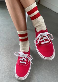 A bold varsity stripe is timeless and always a classic. Her Varsity Socks is a varsity striped version of the OG Her Socks which are classically ribbed, perfect height, cotton blend durable, chic go to socks. Add an understated sporty touch to any look with this bold stripe contrast version of Her Socks. She loves to be worn with a mini skirt, plaids, and oversized cable knit sweaters. 80% Cotton 18% Poly 2% spandex Machine wash cold Cheap Casual Red Socks, Fitted Red Socks Cheap, Cheap Fitted Red Socks, Cheap Comfortable Red Socks, Hot Chocolate Coffee, Bold Stripes, Clothing Essentials, Vintage Shoes, Weekender Bag