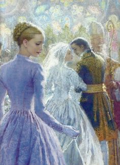 a painting of two women dressed in white and one wearing a blue wedding dress, standing next to each other