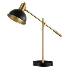 the black and gold desk lamp is on a stand with an arm that extends from the base