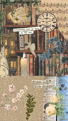 an altered collage with flowers, books and a candle in front of a clock