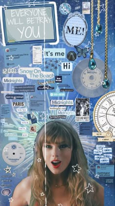 a collage with many different items and words on the image, including a woman's face