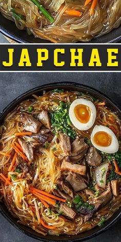 two pictures with noodles, meat and vegetables in them