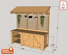 a wooden bench with plants growing on it and measurements for the top half of it