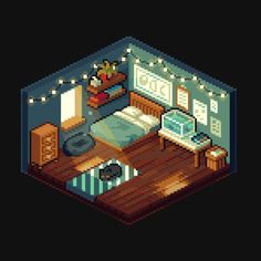 an image of a bedroom in the style of pixel art