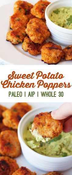 sweet potato chicken poppers with guacamole dip and avocado sauce