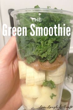 the green smoothie is made with bananas, lettuce and other vegetables in a plastic cup