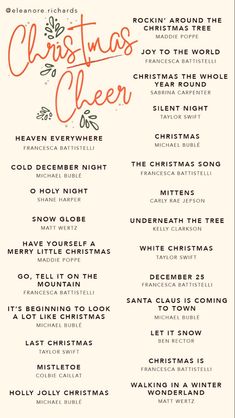 the christmas cheer list is shown in red, green and white with words on it