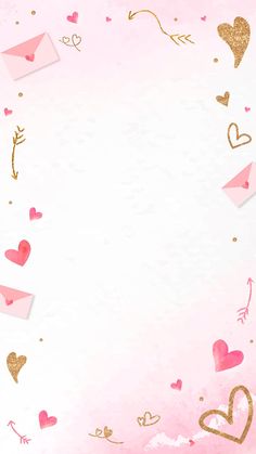 pink and gold valentine's day background with hearts, envelopes, arrows and confetti